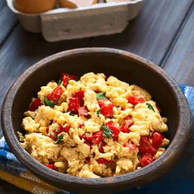 Scrambled Eggs with Red Bell Peppers and Sweet Onions